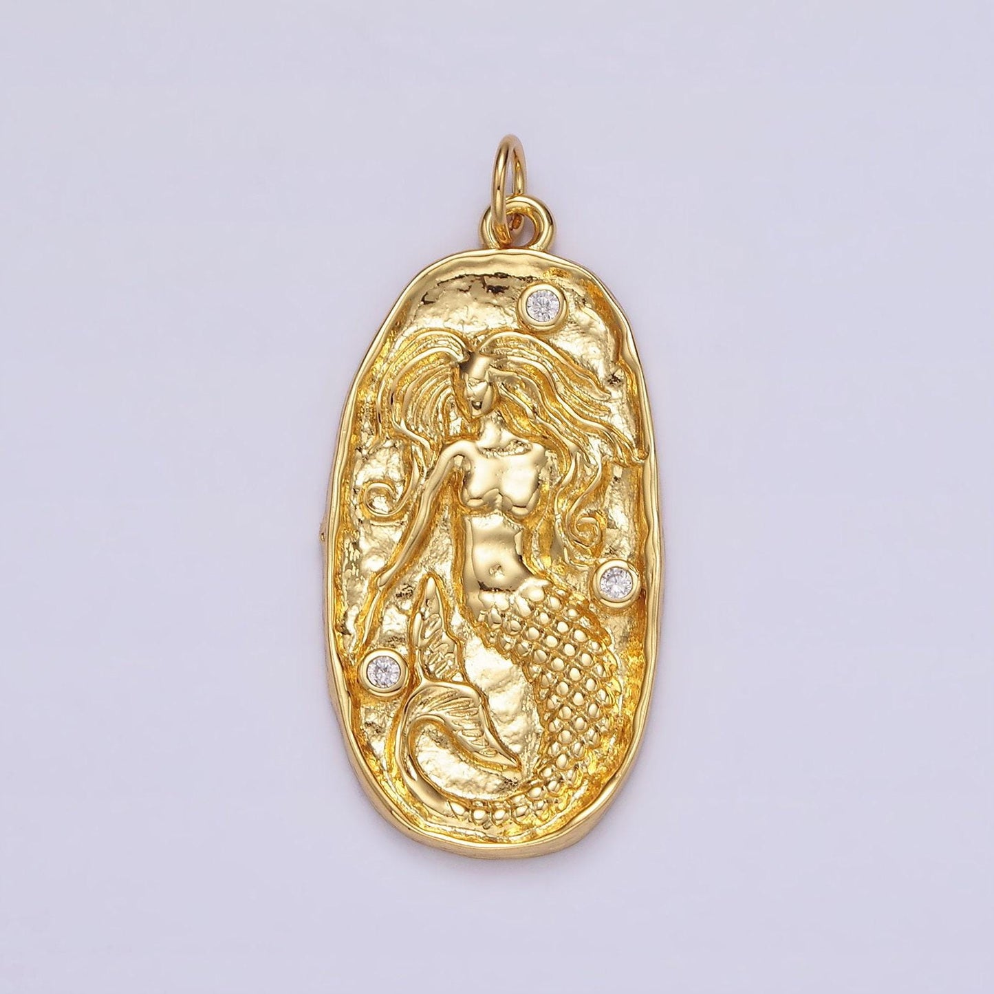 14k gold filled clear cz mermaid hammered oval charm in gold & silver | n1106 n1107