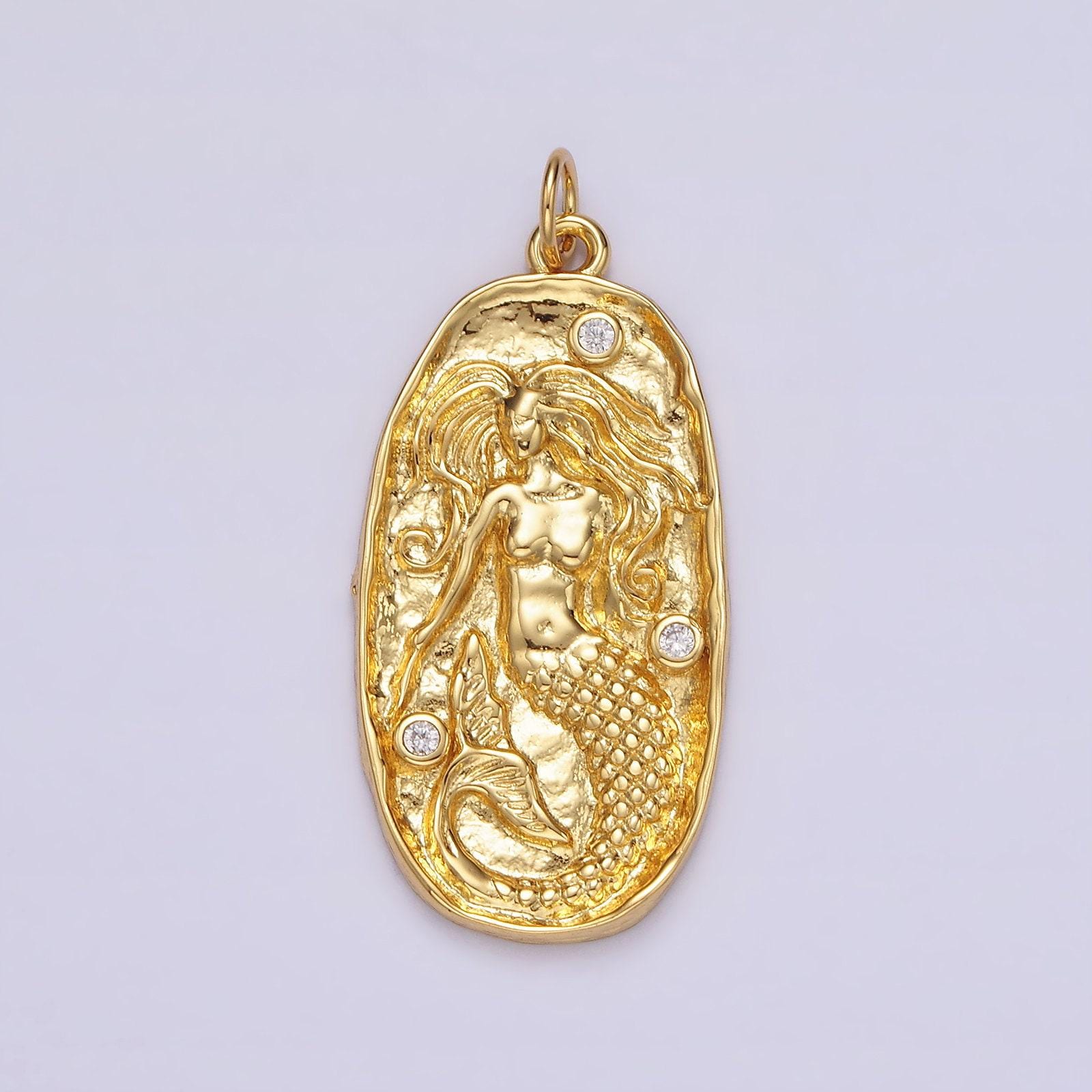 14k gold filled clear cz mermaid hammered oval charm in gold & silver | n1106 n1107
