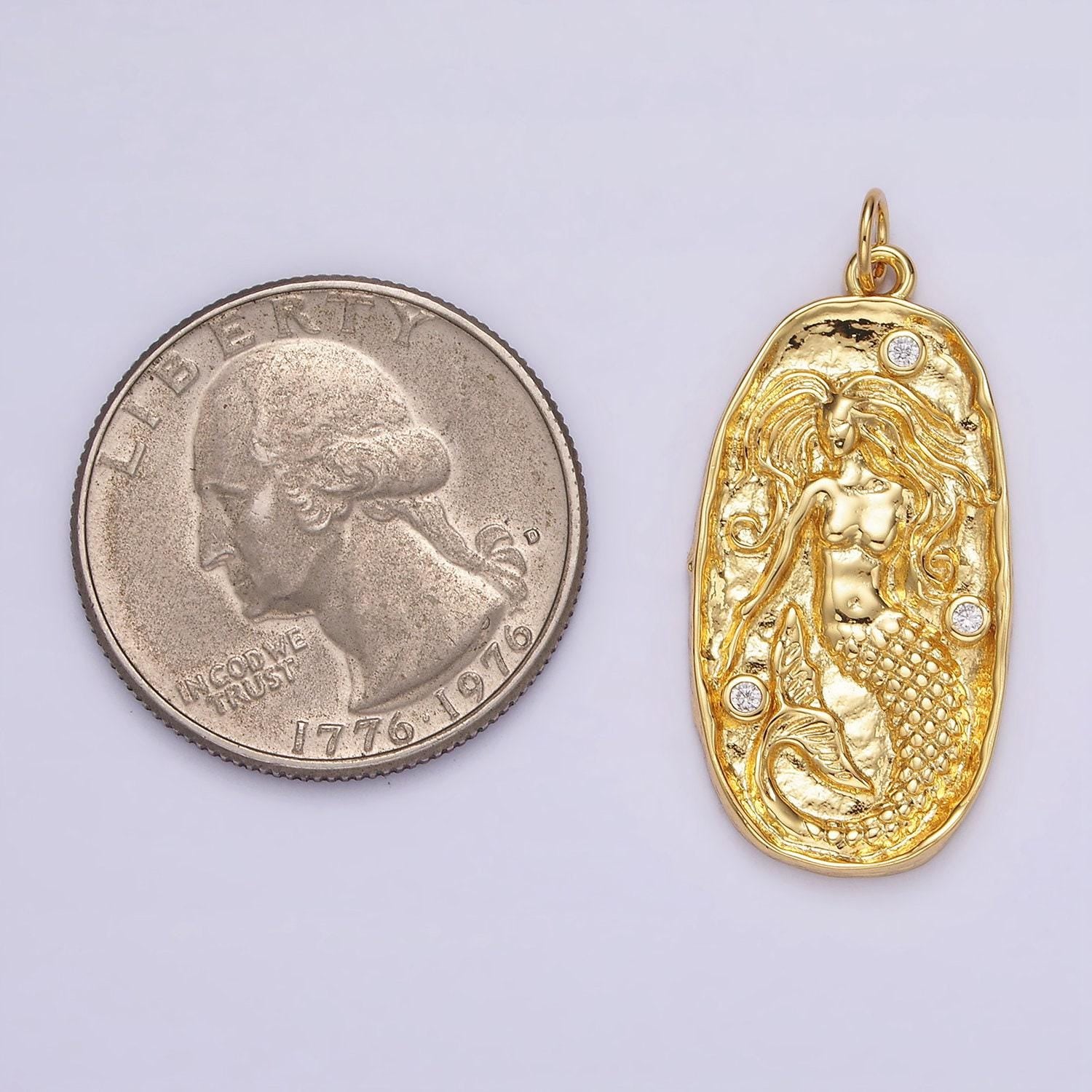 14k gold filled clear cz mermaid hammered oval charm in gold & silver | n1106 n1107
