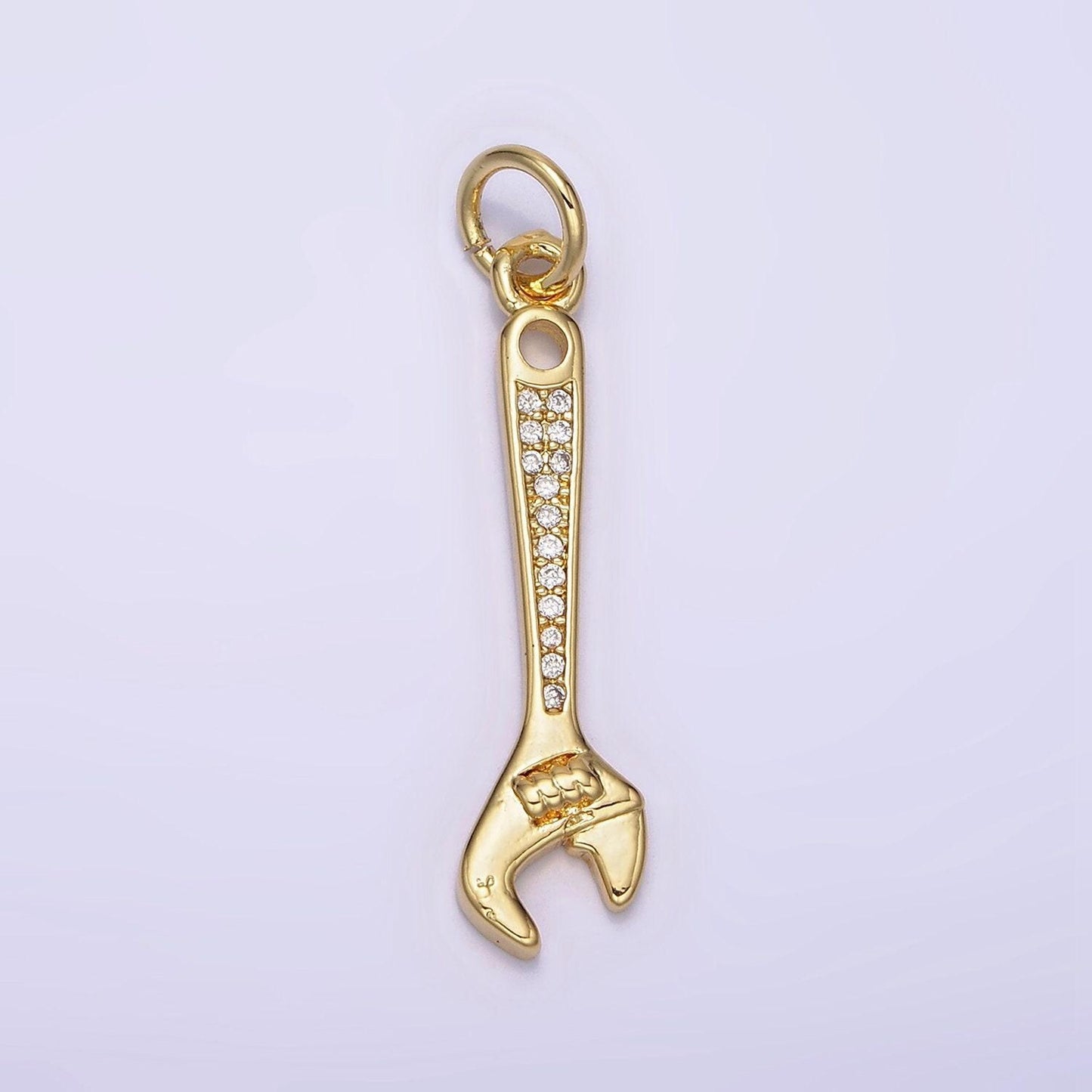 Gold pendant clear micro paved cz torque wrench construction tool charm | n1100