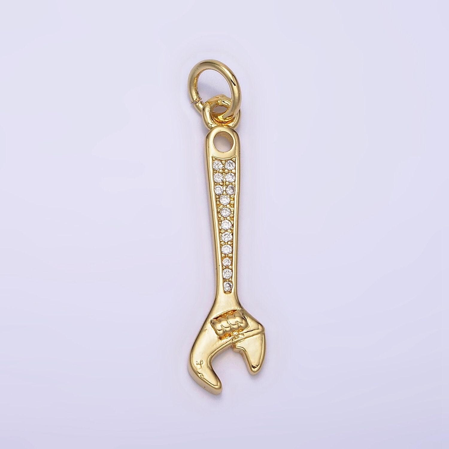 Gold pendant clear micro paved cz torque wrench construction tool charm | n1100