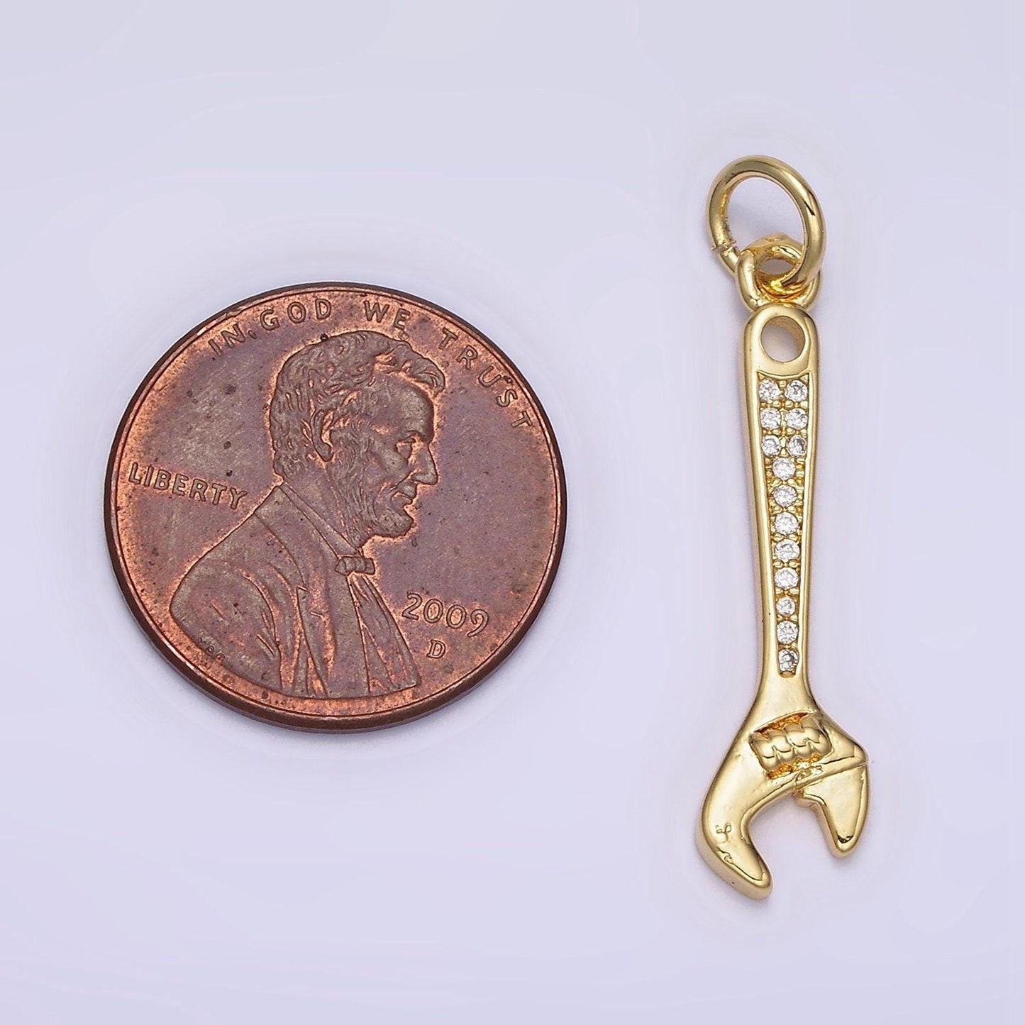 Gold pendant clear micro paved cz torque wrench construction tool charm | n1100