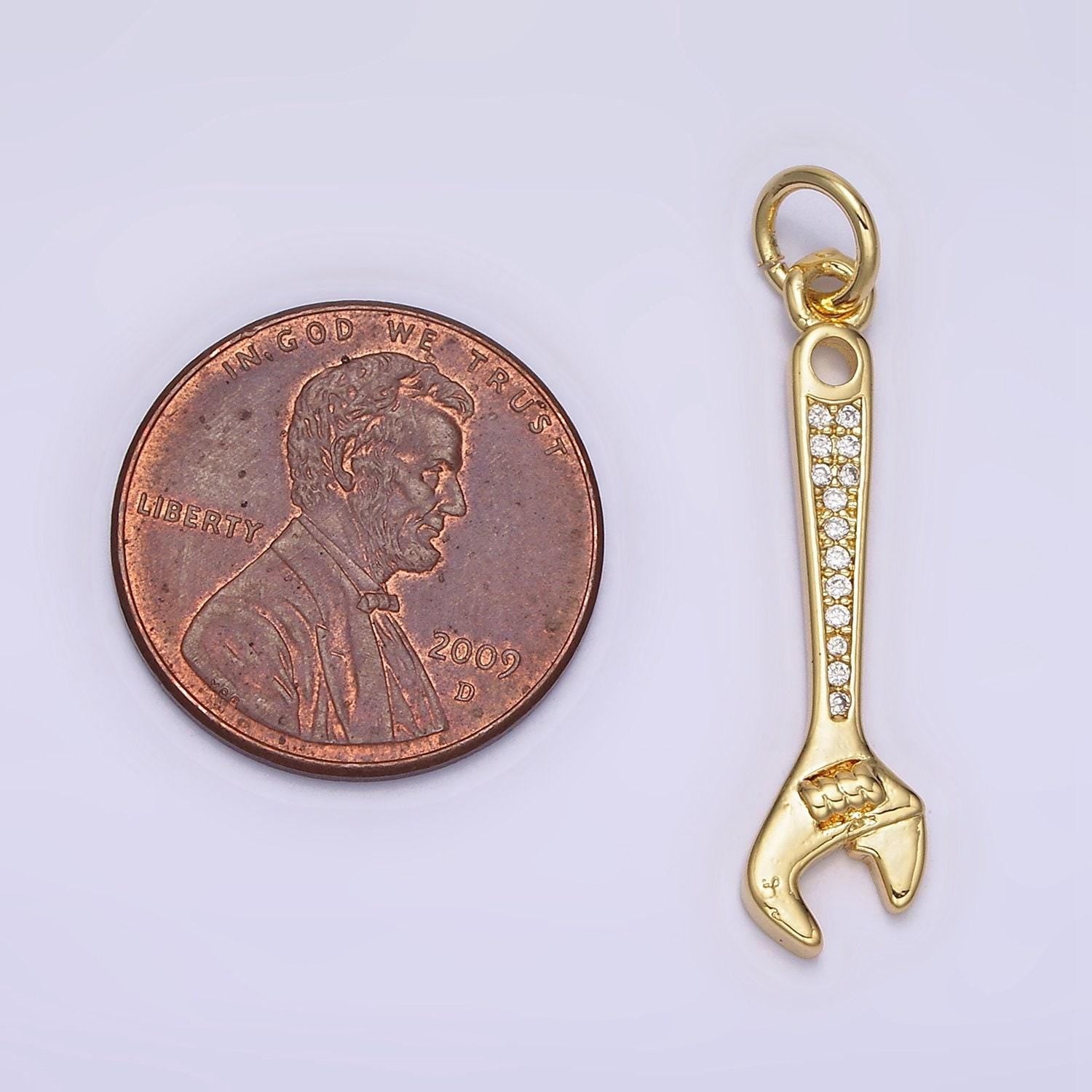 Gold pendant clear micro paved cz torque wrench construction tool charm | n1100