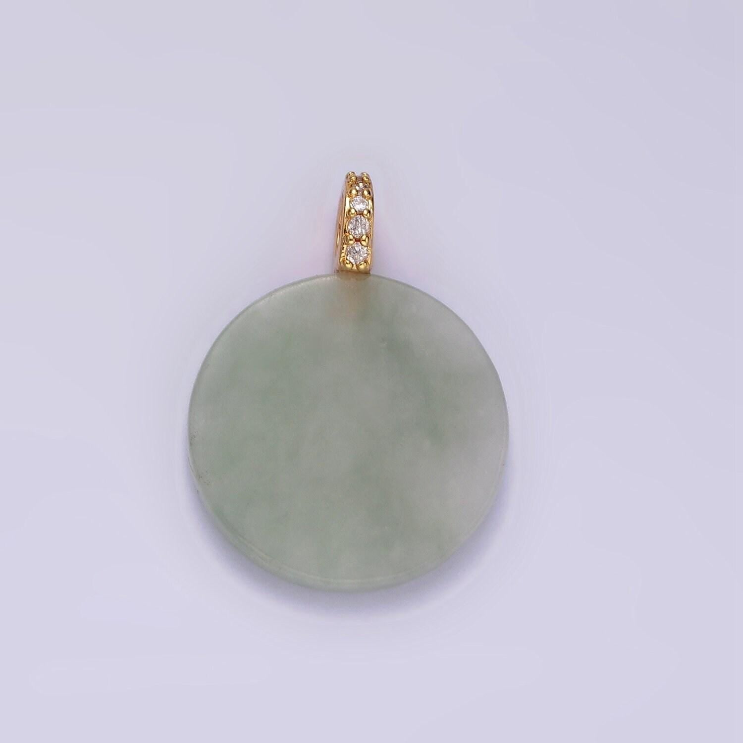 14k gold filled green jade round micro paved cz bail pendant | n1091