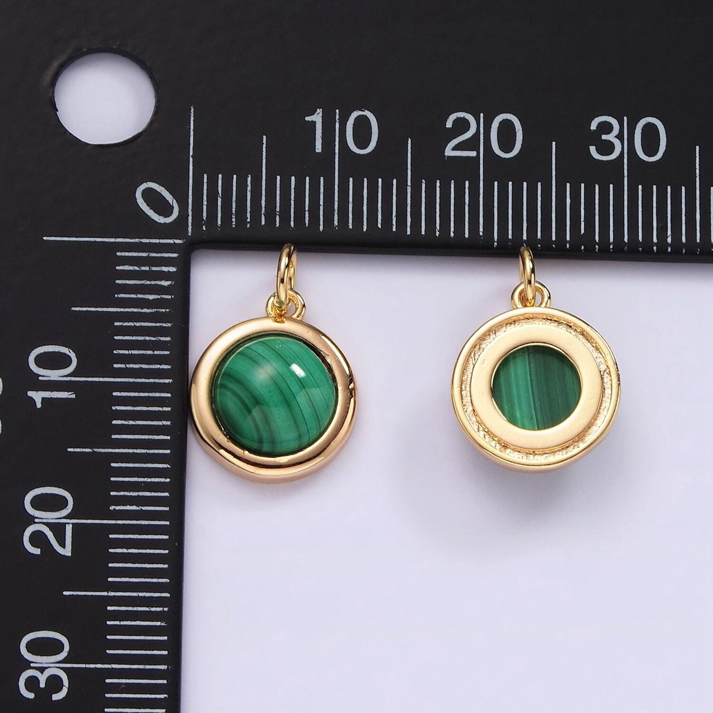 14k gold filled green malachite bezel round charm | n1092