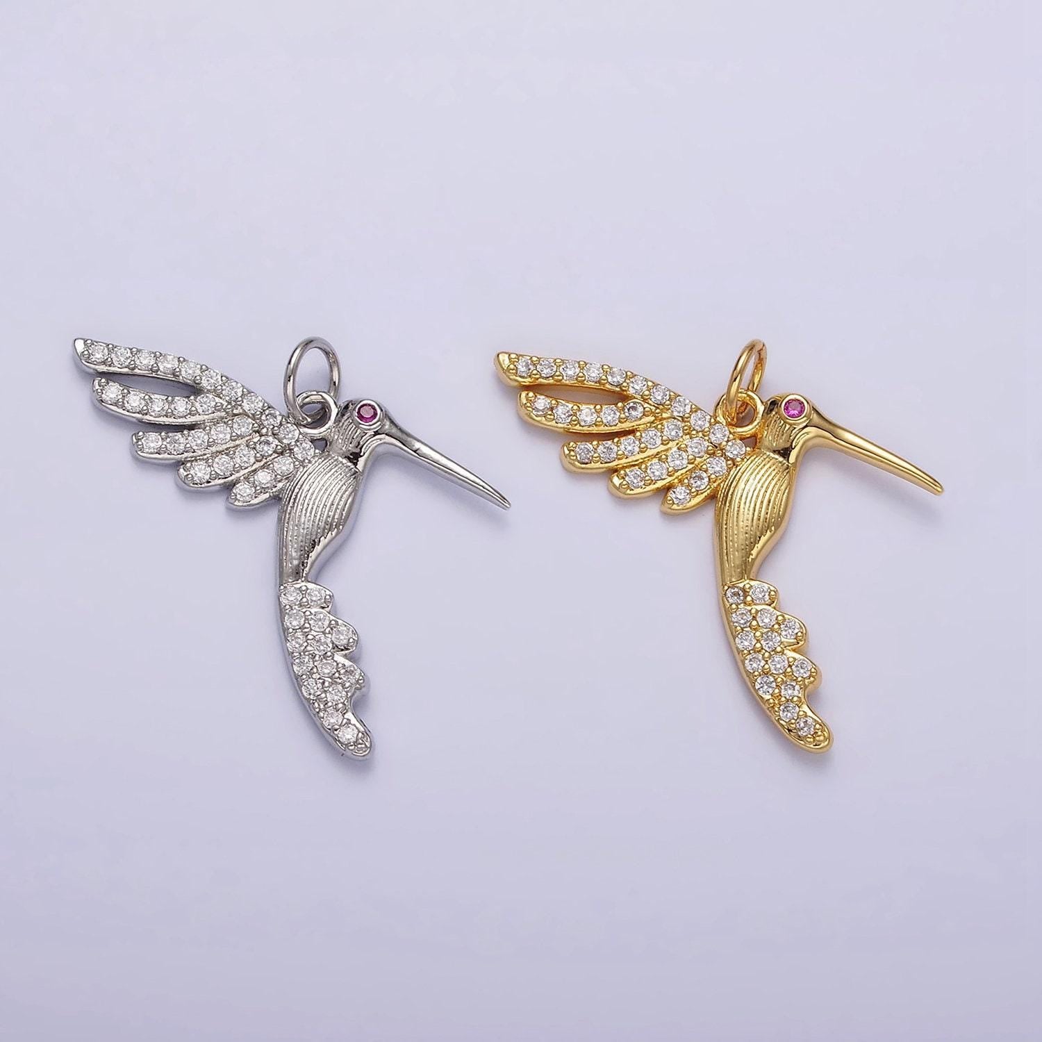 Dainty gold hummingbird charm, clear cz micro pave silver bird pendant for bracelet necklace earrings jewelry making supply aa-001