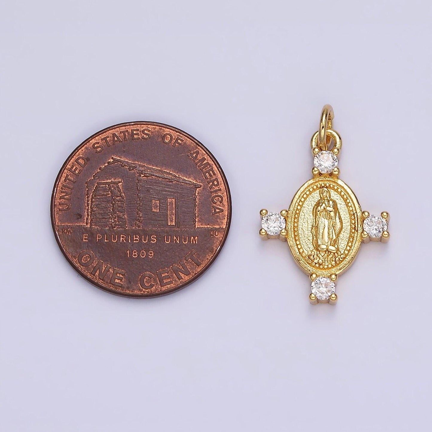 14k gold filled 22.5mm mother mary lady guadalupe clear cz dotted oval charm | n1036