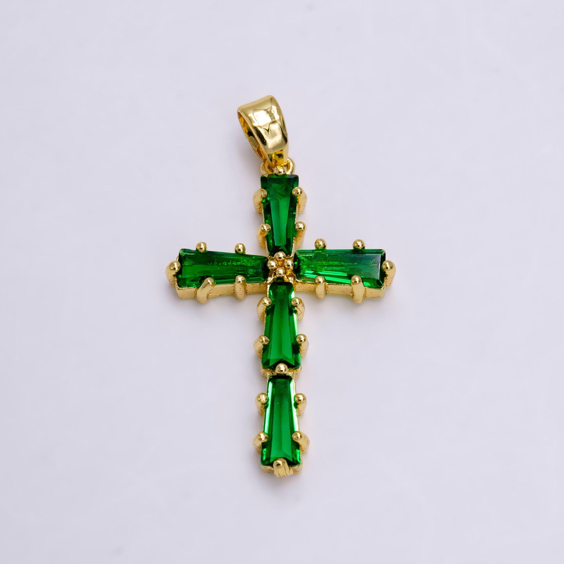 14k gold filled clear, green, pink, black baguette lined latin cross pendant | n1468 - n1471