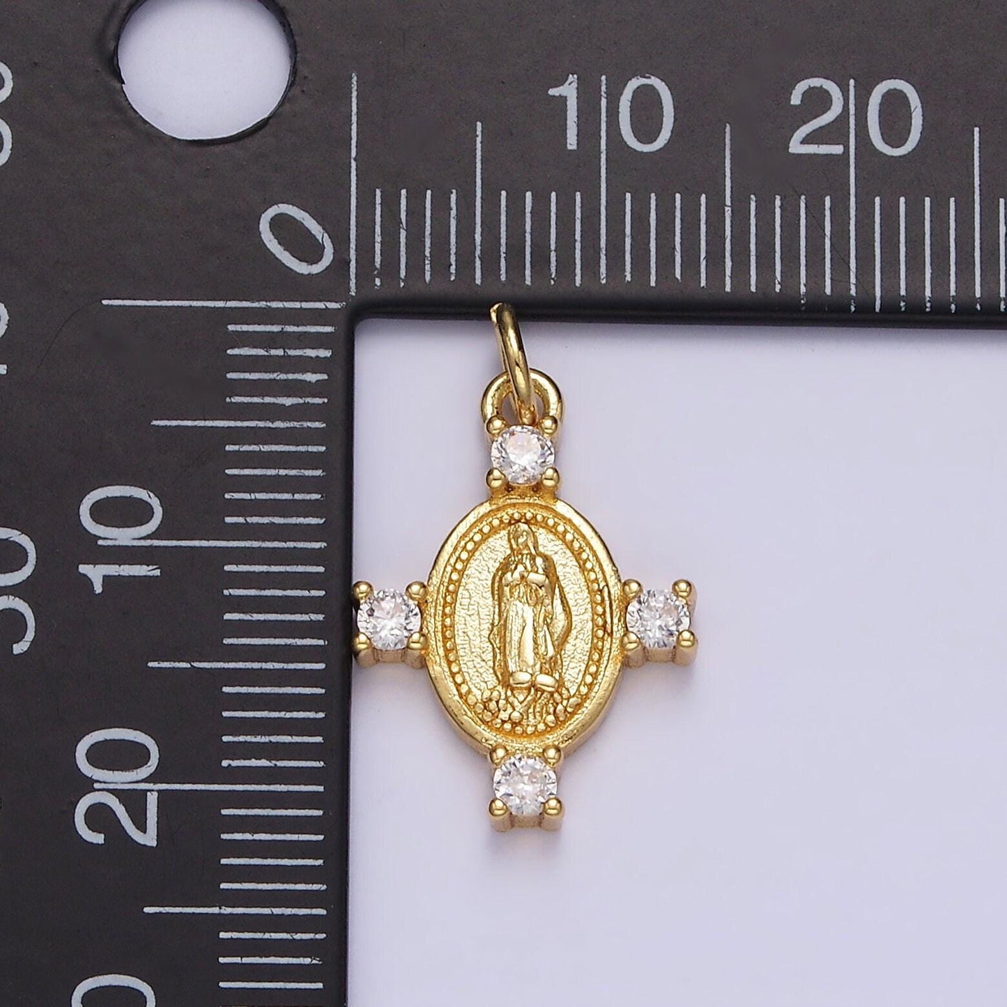 14k gold filled 22.5mm mother mary lady guadalupe clear cz dotted oval charm | n1036