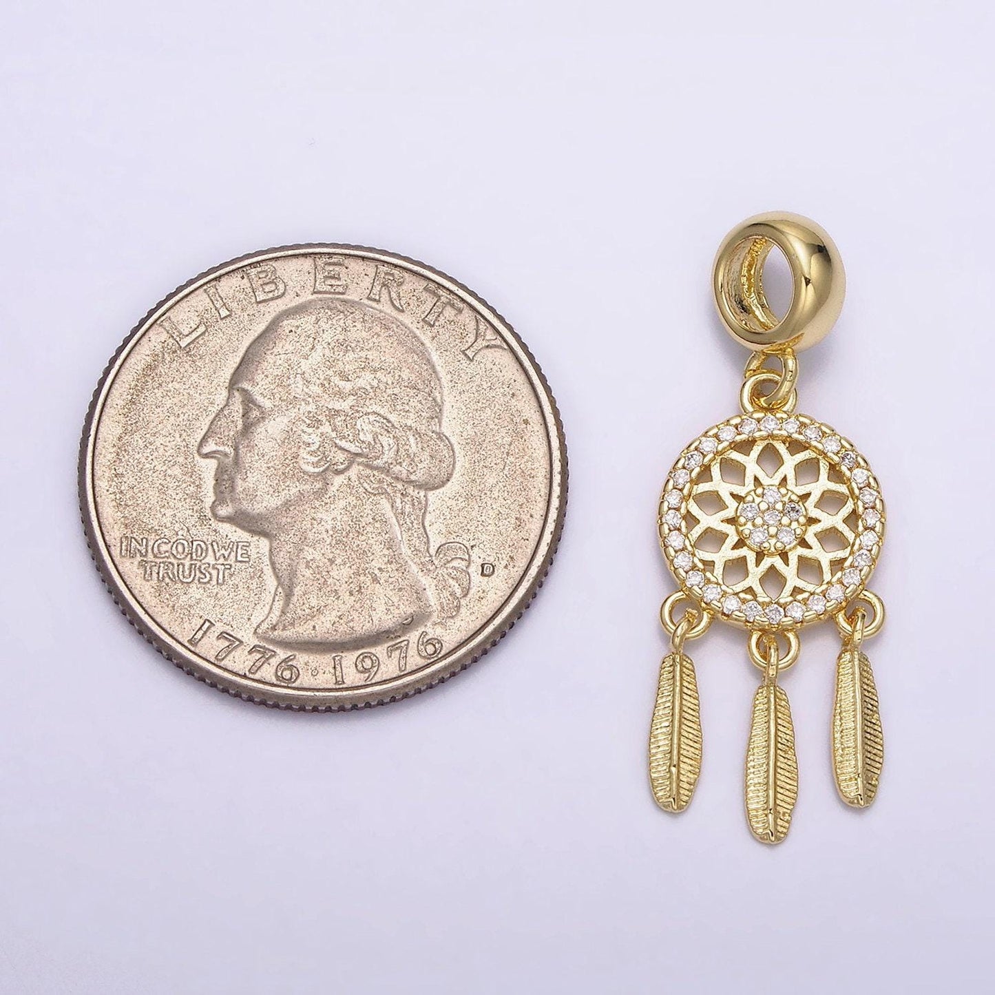 14k gold filled dreamcatcher triple feather clear micro paved cz charm | n1019