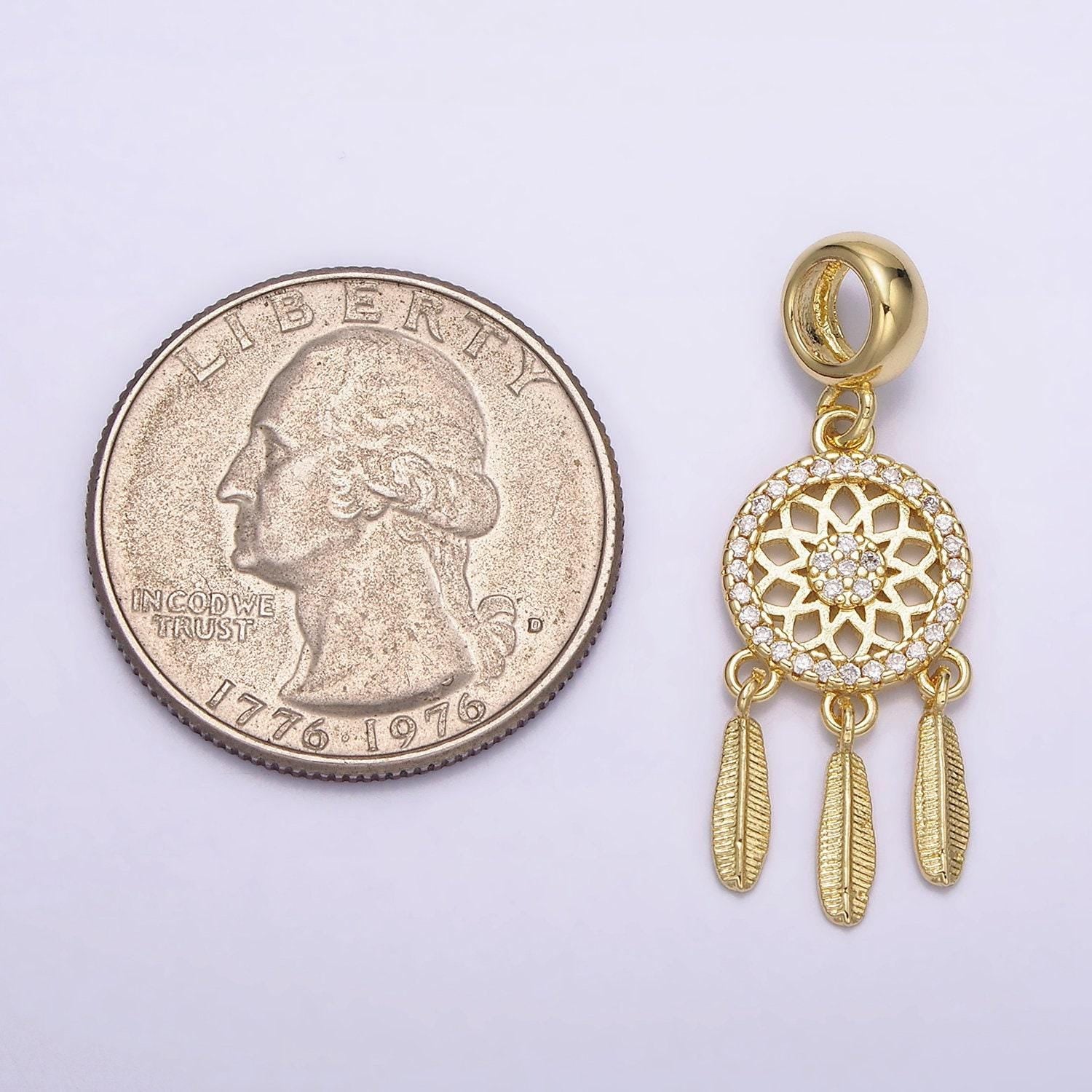 14k gold filled dreamcatcher triple feather clear micro paved cz charm | n1019