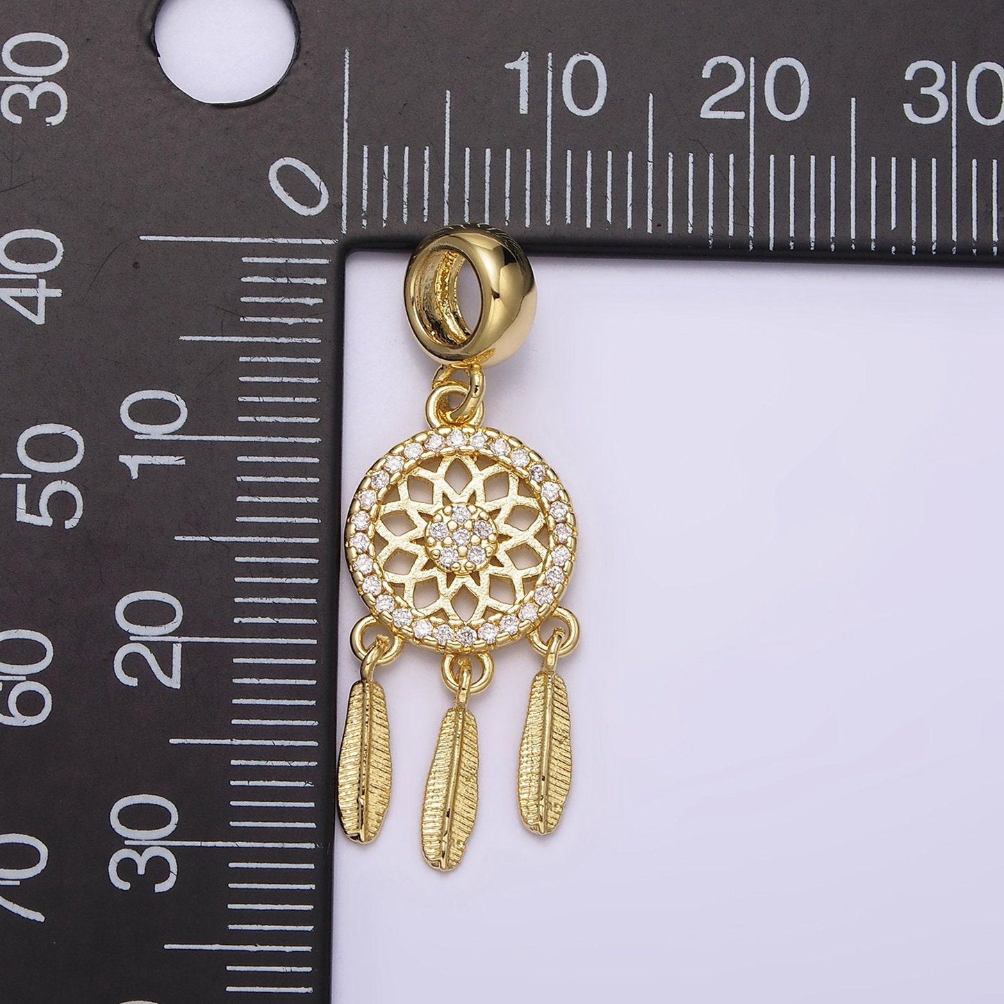14k gold filled dreamcatcher triple feather clear micro paved cz charm | n1019