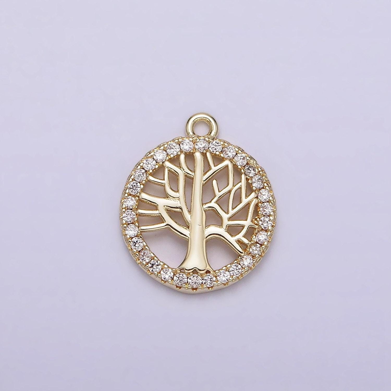 14k gold filled tree plant open clear micro paved cz round charm | n1018