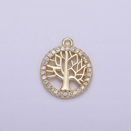 14k gold filled tree plant open clear micro paved cz round charm | n1018