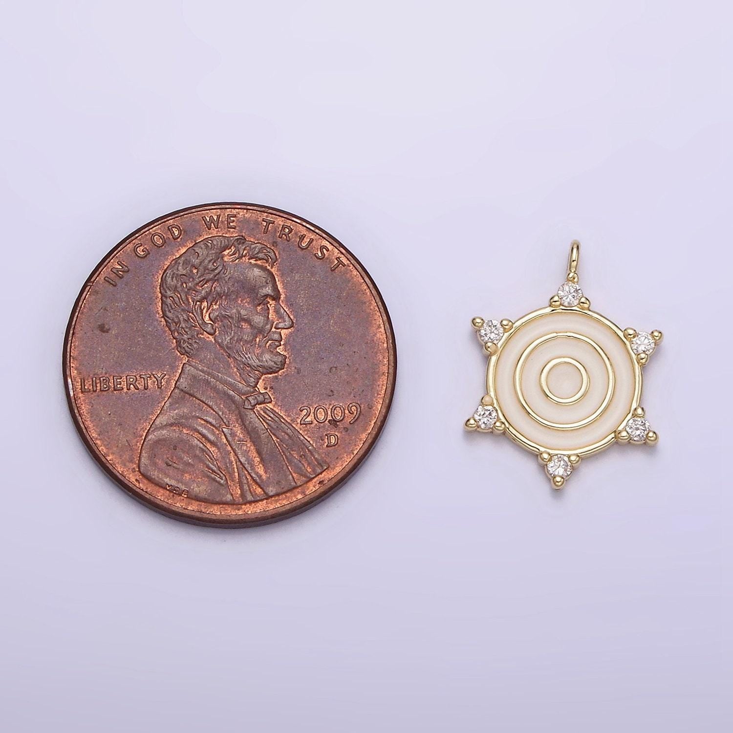 14k gold filled round white enamel clear cz dotted outline charm | n1016