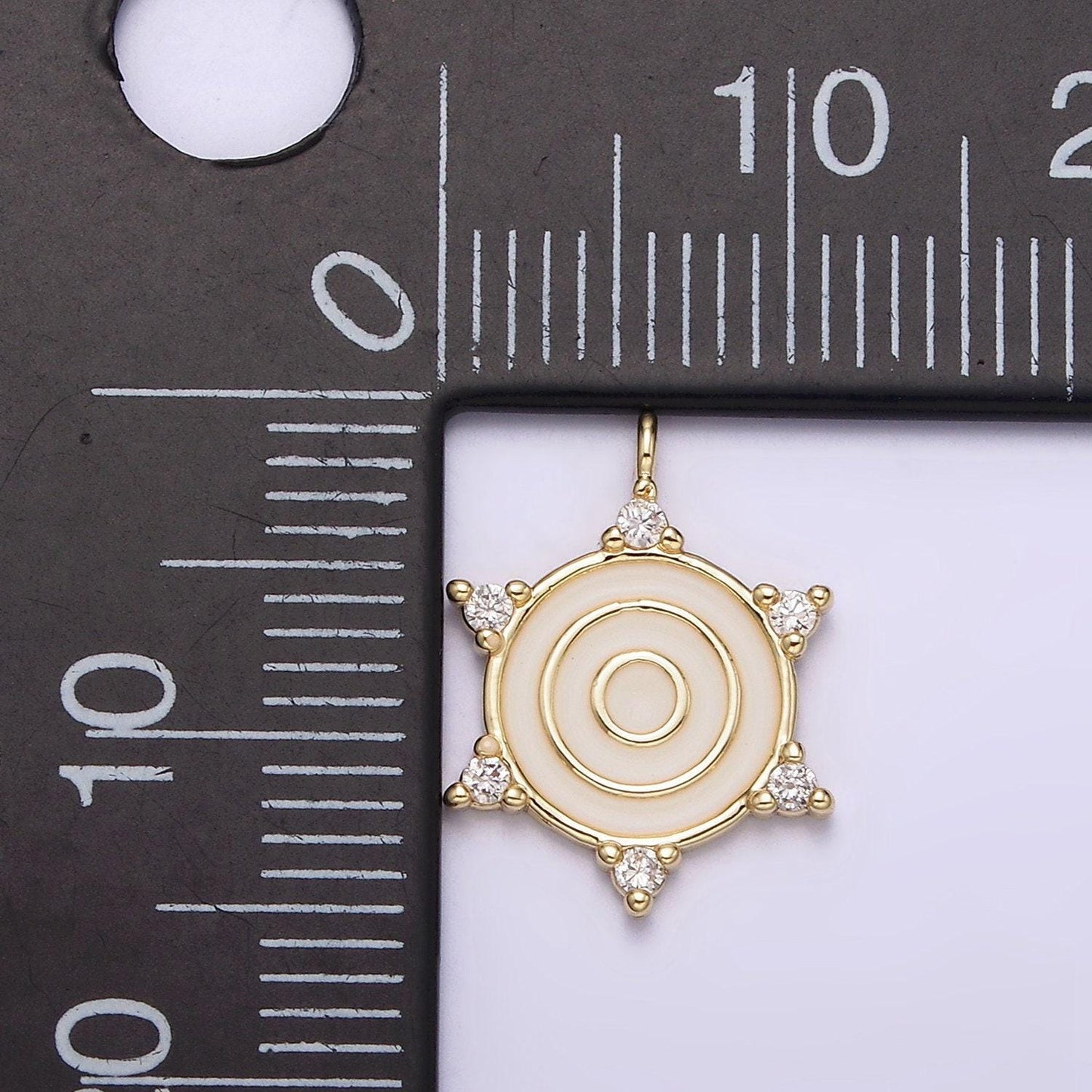 14k gold filled round white enamel clear cz dotted outline charm | n1016