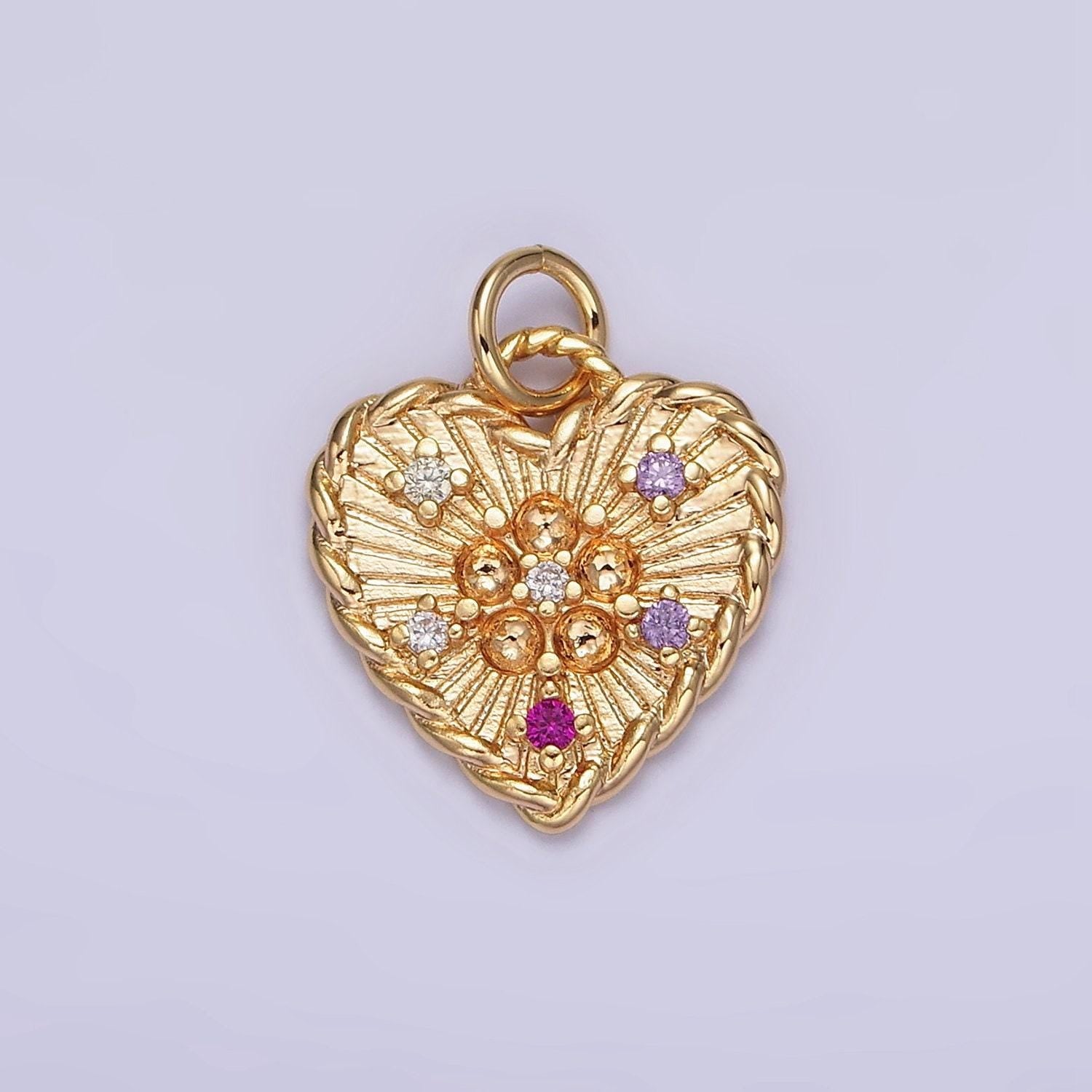16k gold filled multicolor cz dotted sunburst twisted croissant heart charm | n1013
