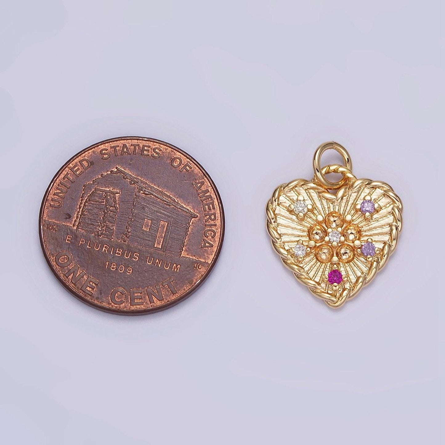 16k gold filled multicolor cz dotted sunburst twisted croissant heart charm | n1013