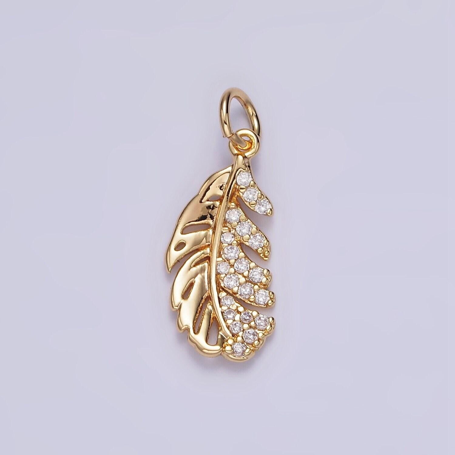 16k gold filled half clear micro paved cz palm leaf plant charm | n1012