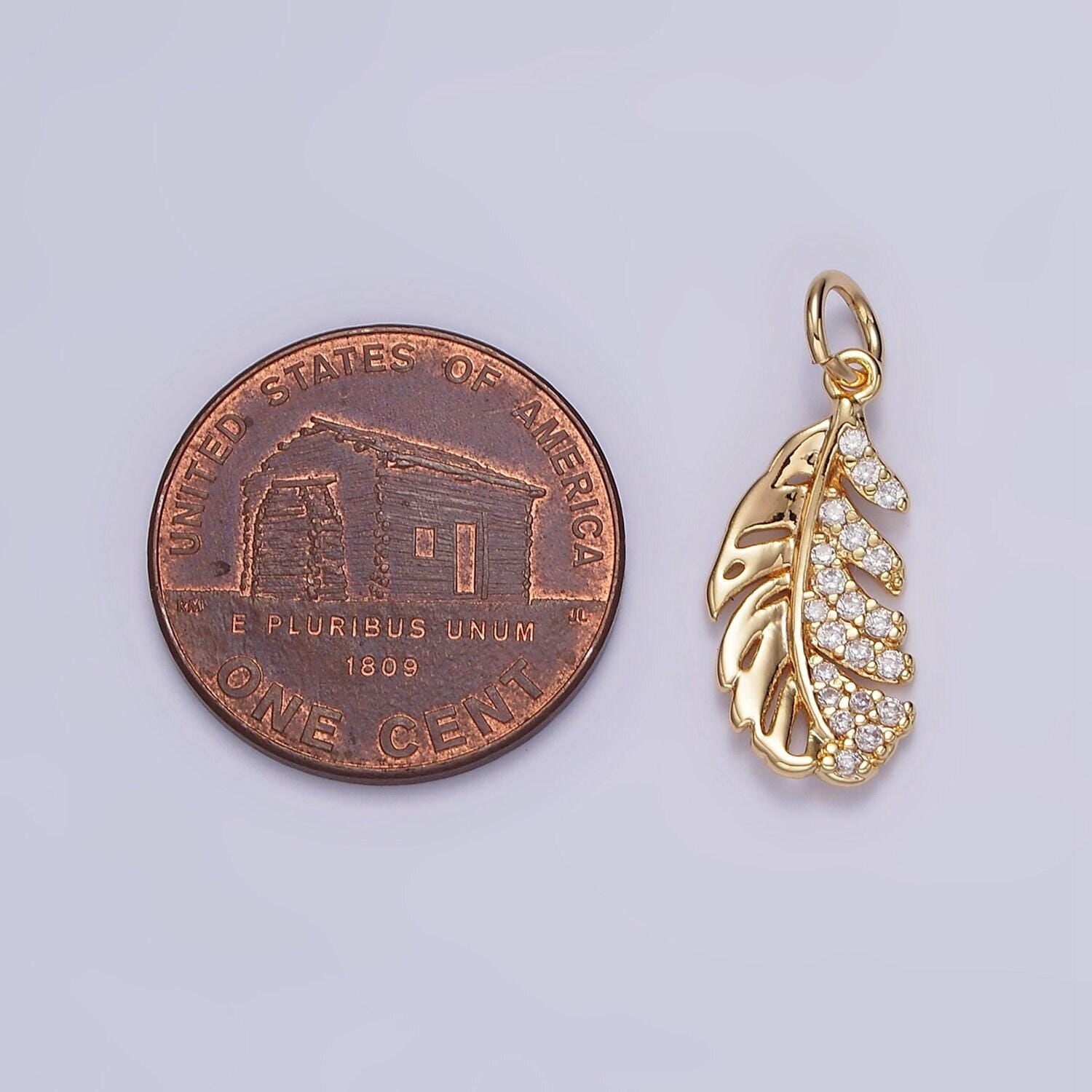 16k gold filled half clear micro paved cz palm leaf plant charm | n1012