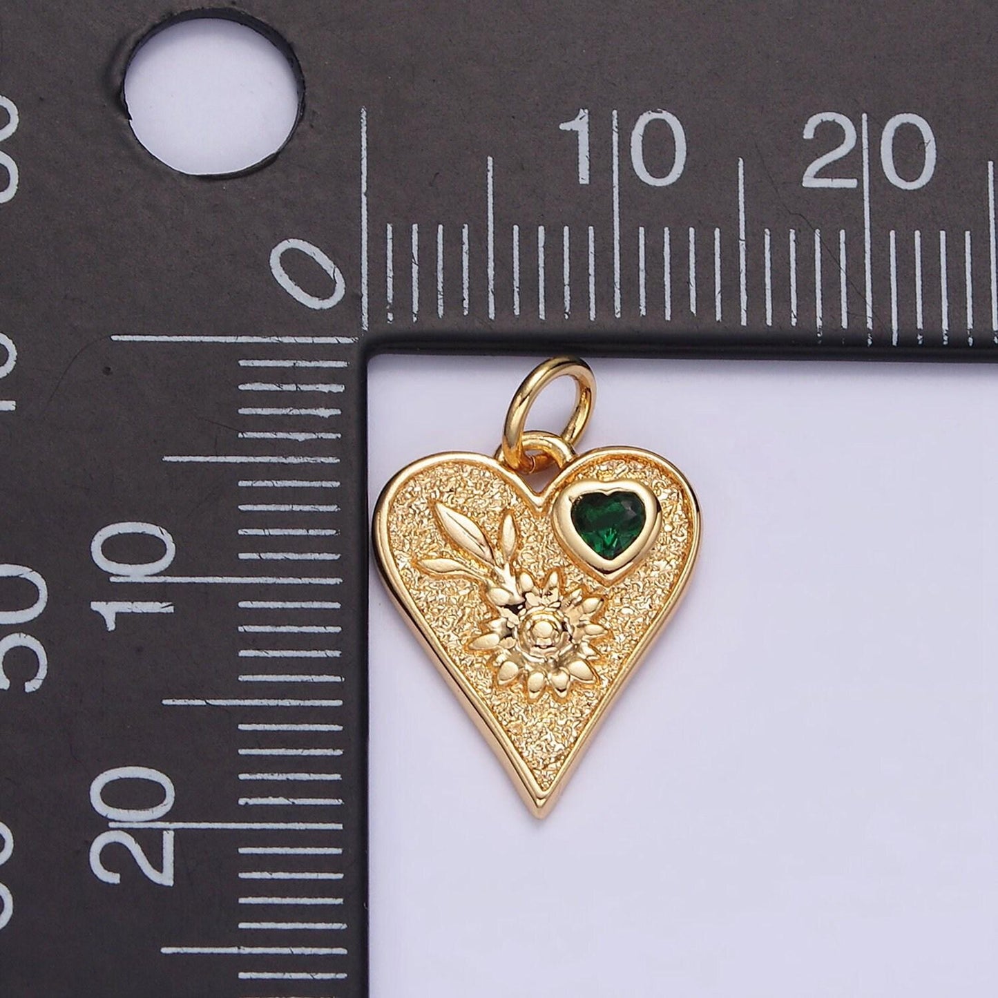 16k gold filled sunflower plant green cz hammered heart charm | n1011
