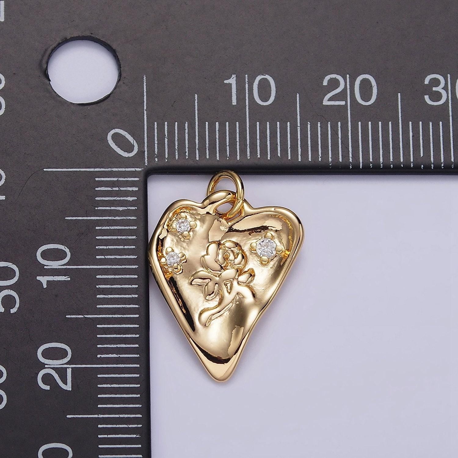 16k gold filled rose flower triple cz hammered heart charm | n1008