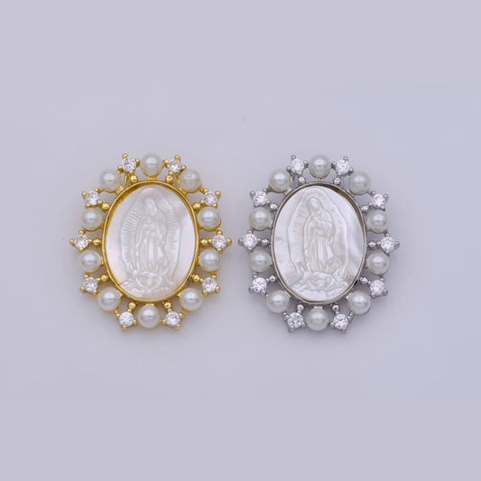14k gold filled mother of pearl virgin mary, silver lady of guadalupe medallion charm pendant, shell virgin mary, cross charm