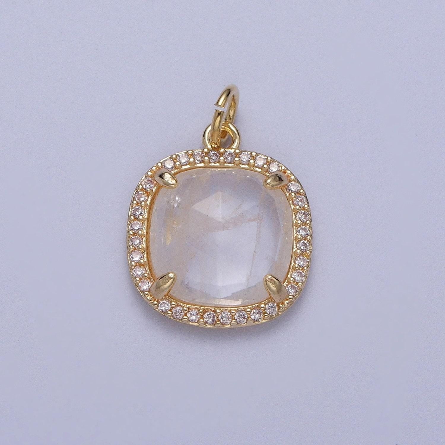 Multifaceted natural stone cz micro pave square gold charm for dangle charm necklace pendant c016