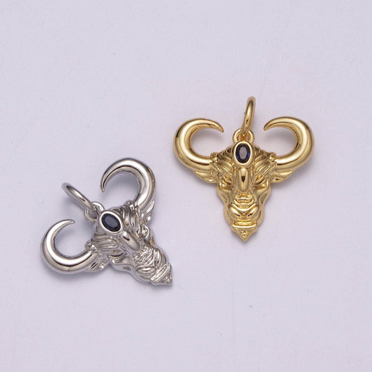 Bull gold pendant, ankole watusi horn charm, blue solitaire cz cow horn animal pendant, diy jewelry, m-868, m-869