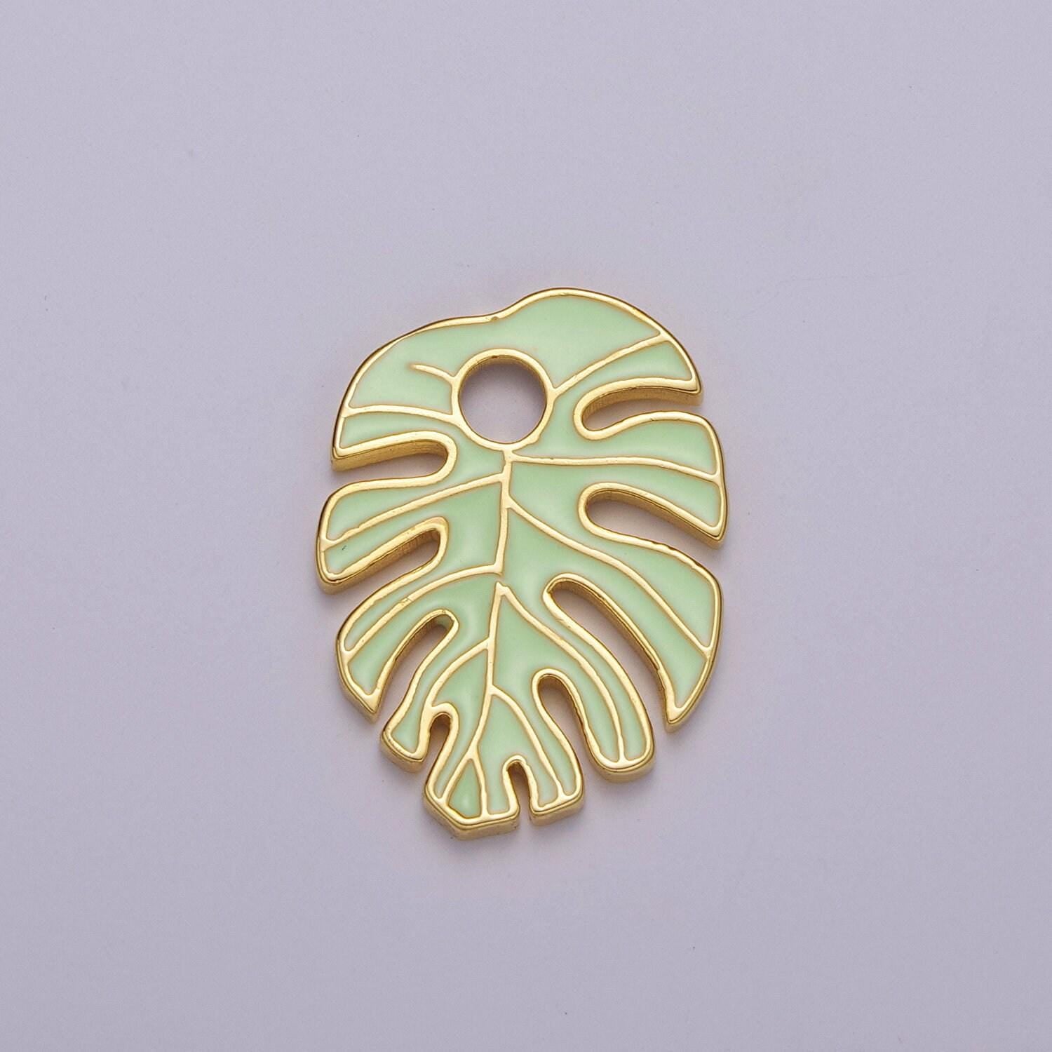 Colorful enamel tropical monstera leaf plant charm necklace bracelet earring pendant gold filled leaf nature charm large leaf charm