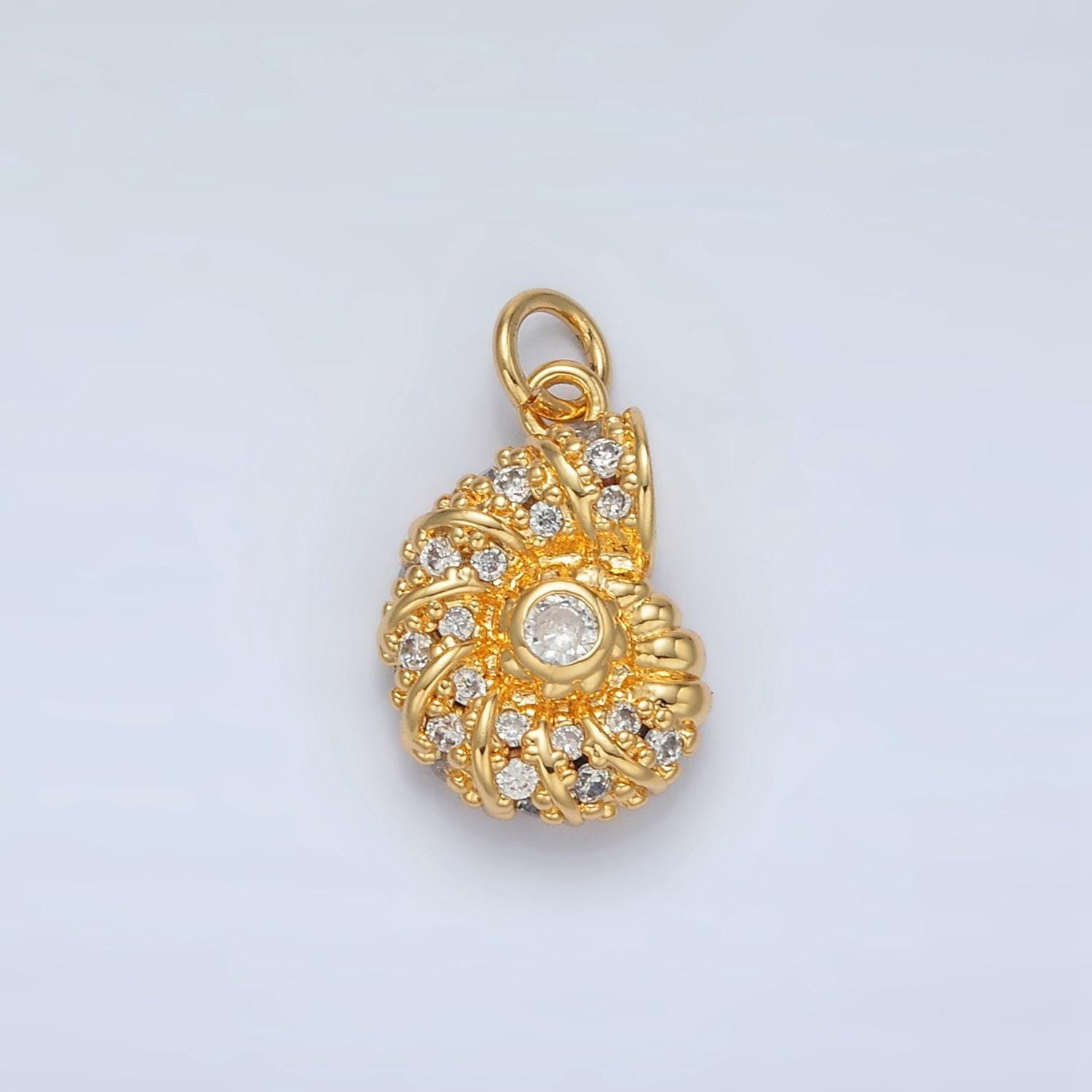 Gold filled ammonite clam shell cz paved in gold & silver beach jewelry inspired snail shell charm | m-747