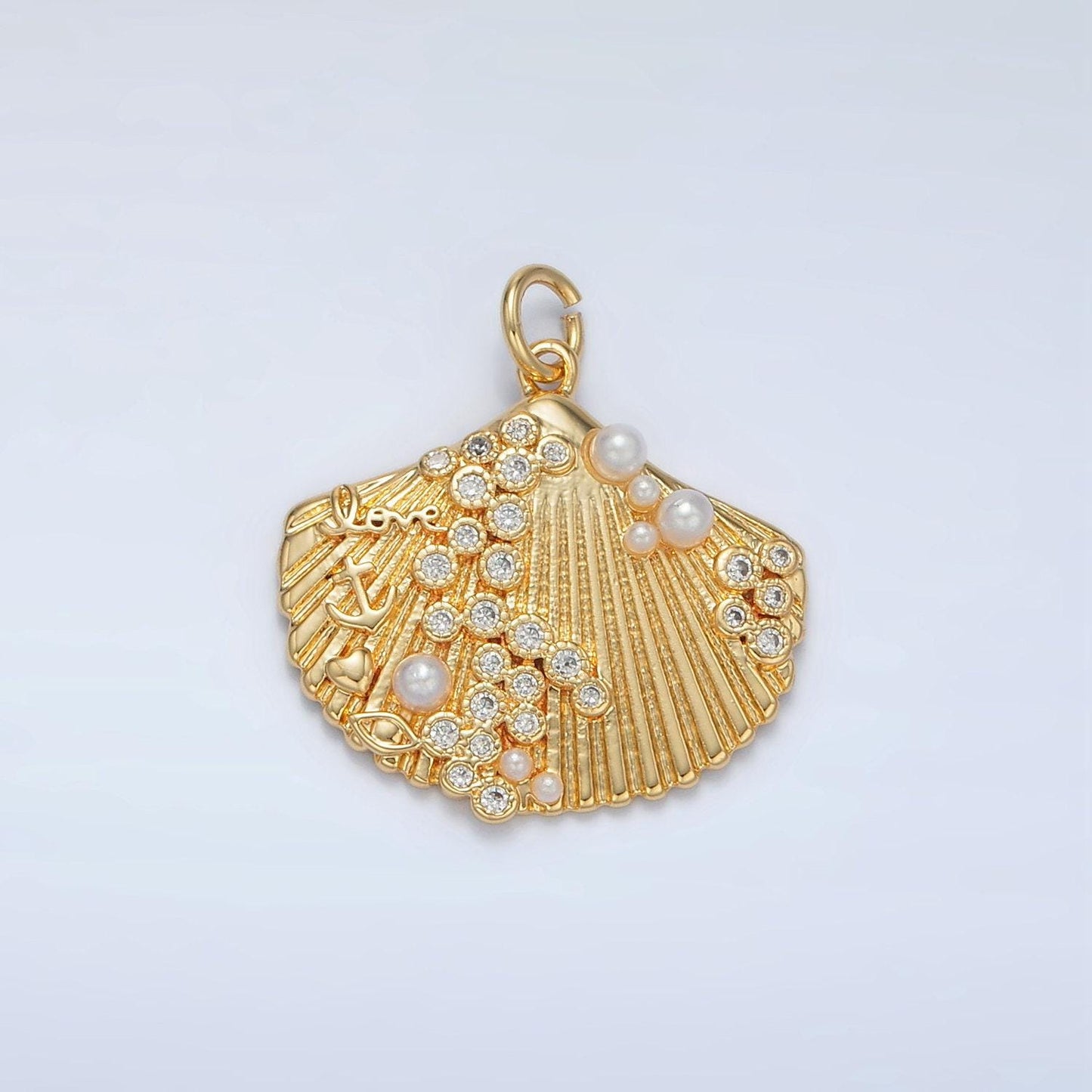 Gold filled flat shell with pearls beach inspired charm in gold & silver | m-746