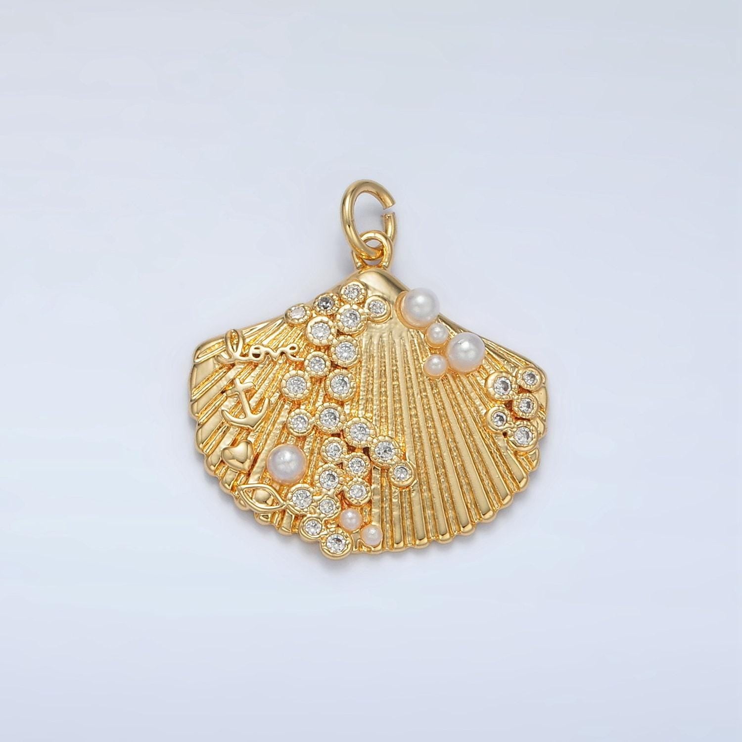 Gold filled flat shell with pearls beach inspired charm in gold & silver | m-746