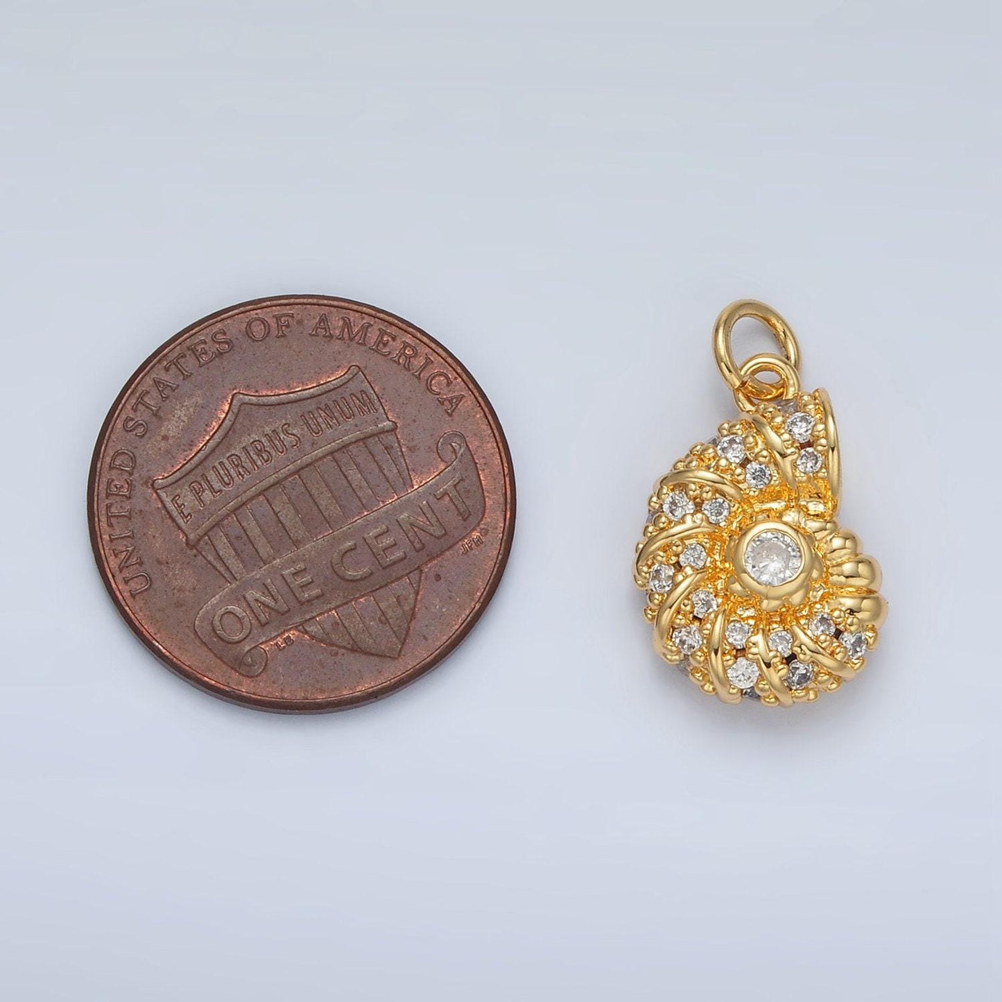 Gold filled ammonite clam shell cz paved in gold & silver beach jewelry inspired snail shell charm | m-747