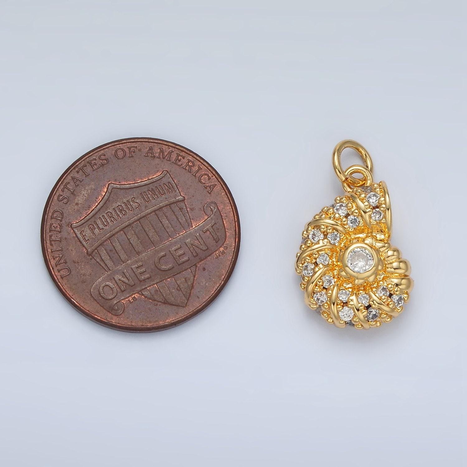 Gold filled ammonite clam shell cz paved in gold & silver beach jewelry inspired snail shell charm | m-747