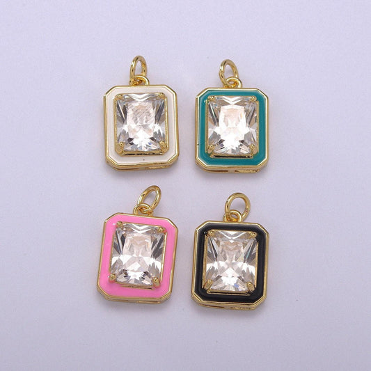 1pc gold rectangle enamel solitaire cz charms, cubic octagonal charm with color enamel to choose pendant medallion for necklace,m-674-m677