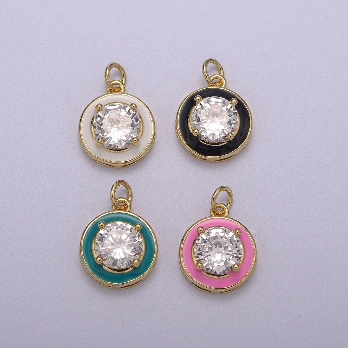 1pc gold round enamel solitaire cz charms, cubic o charm in round disc charm medallion for necklace,m-662-m665