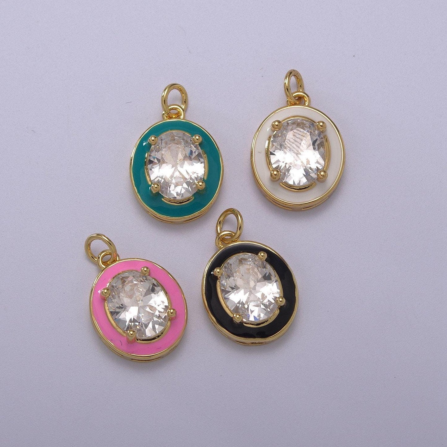 1pc gold oval enamel solitaire cz charms, cubic o charm in round disc charm medallion for necklace,m-658-m661