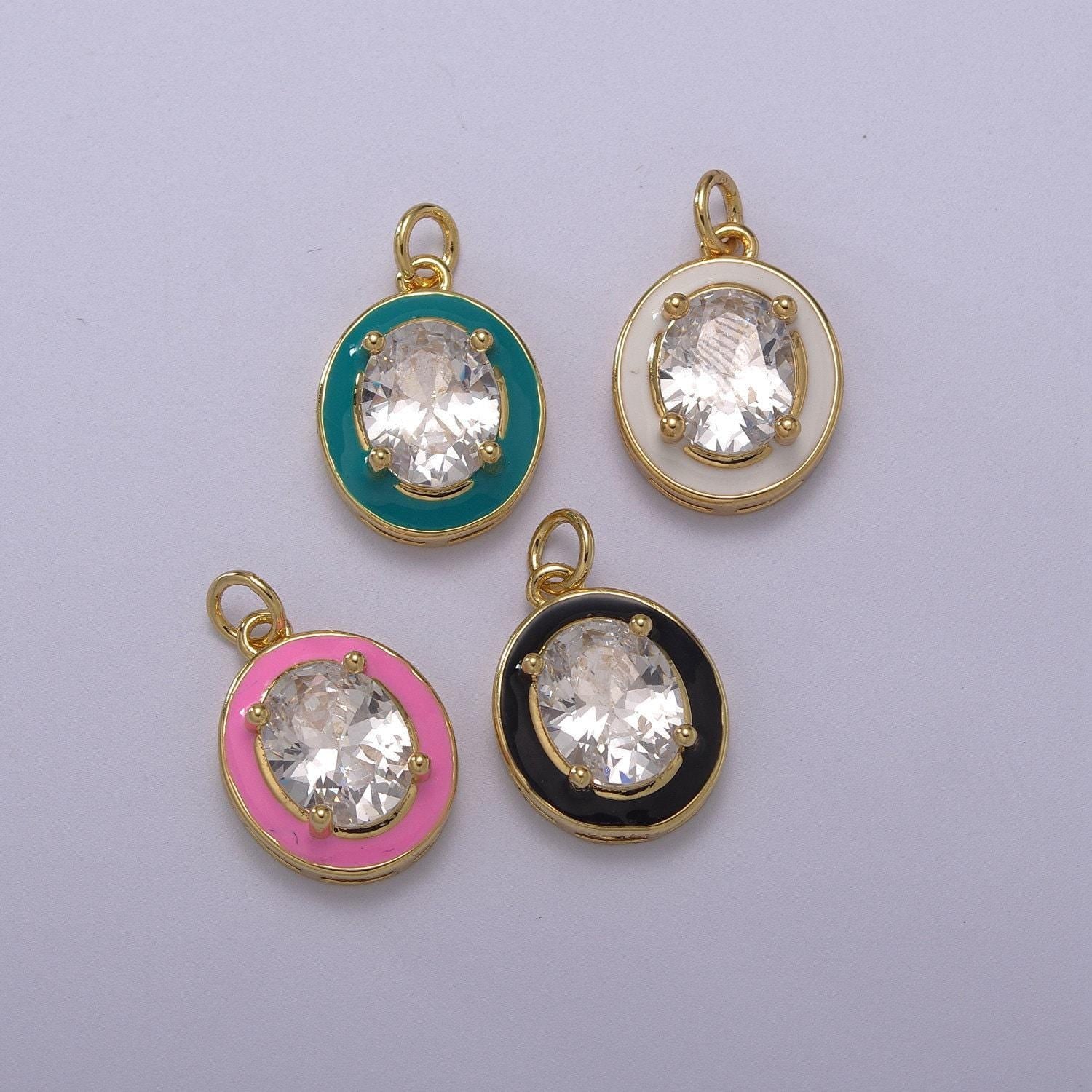 1pc gold oval enamel solitaire cz charms, cubic o charm in round disc charm medallion for necklace,m-658-m661