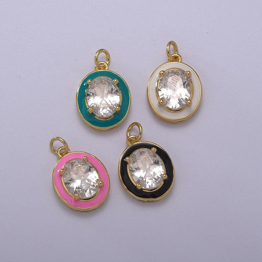 1pc gold oval enamel solitaire cz charms, cubic o charm in round disc charm medallion for necklace,m-658-m661