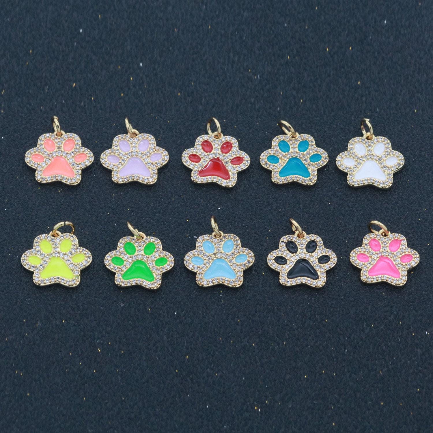 Dainty dog paw charm for bracelet necklace earring component 14k gold filled enamel puppy micro pave animal pendant supply