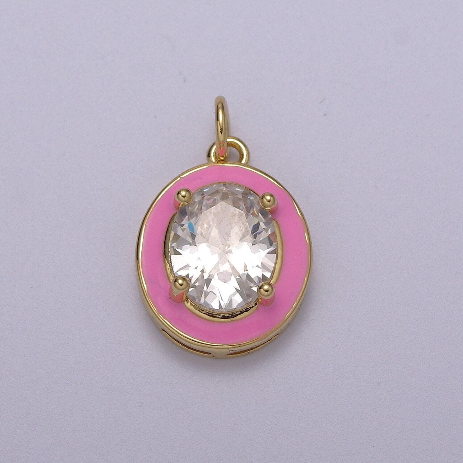 1pc gold oval enamel solitaire cz charms, cubic o charm in round disc charm medallion for necklace,m-658-m661