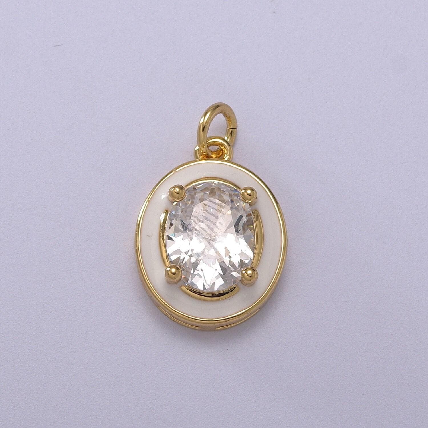 1pc gold oval enamel solitaire cz charms, cubic o charm in round disc charm medallion for necklace,m-658-m661