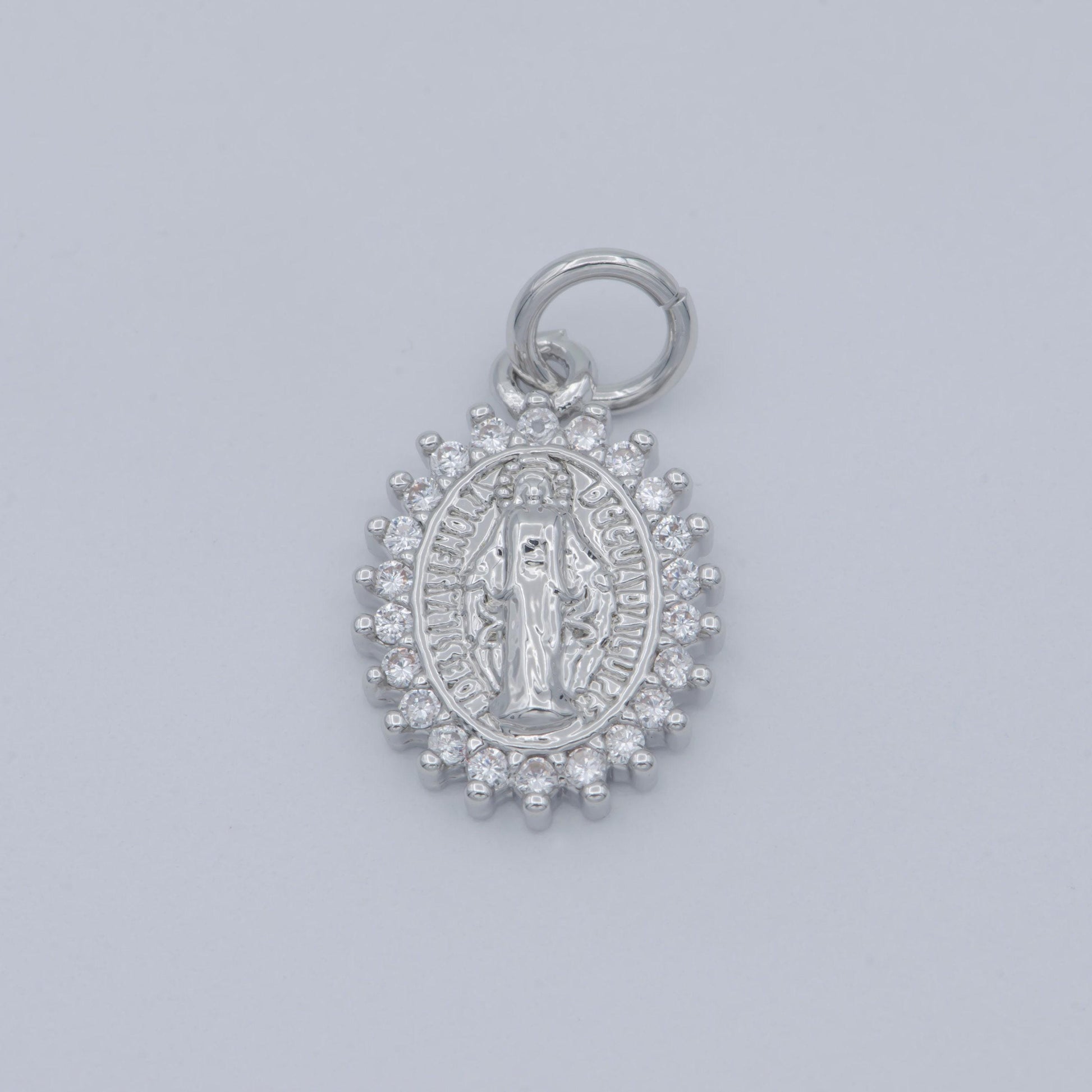 Silver plated virgin mary jesus christ catholic bijoux sunburst micro pave cz charm miraculous lady | m-588