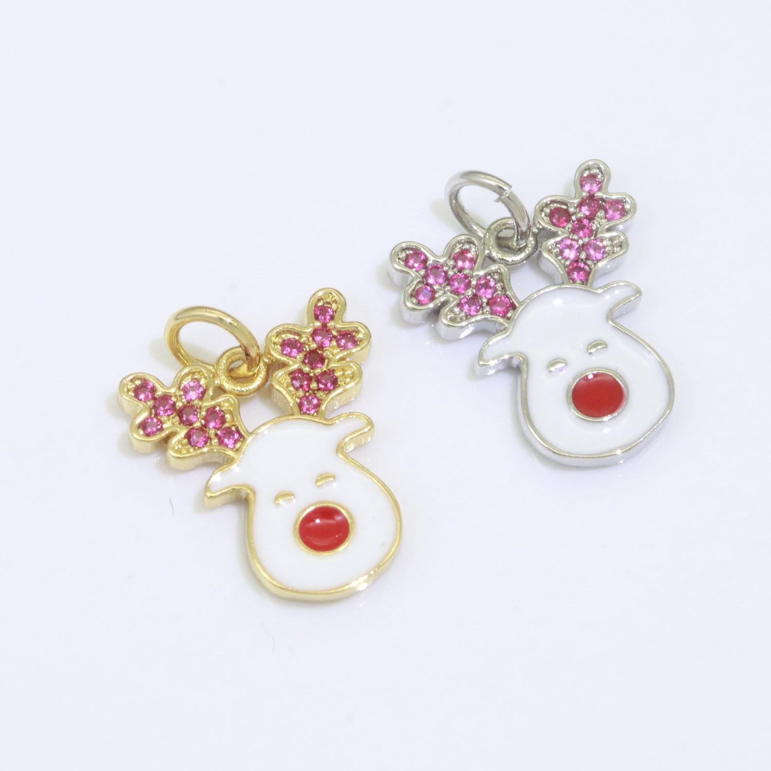 Dainty gold rudolph charm - christmas jewelry pendant - red nose reindeer gold filled enamel charm for bracelet necklace earring component