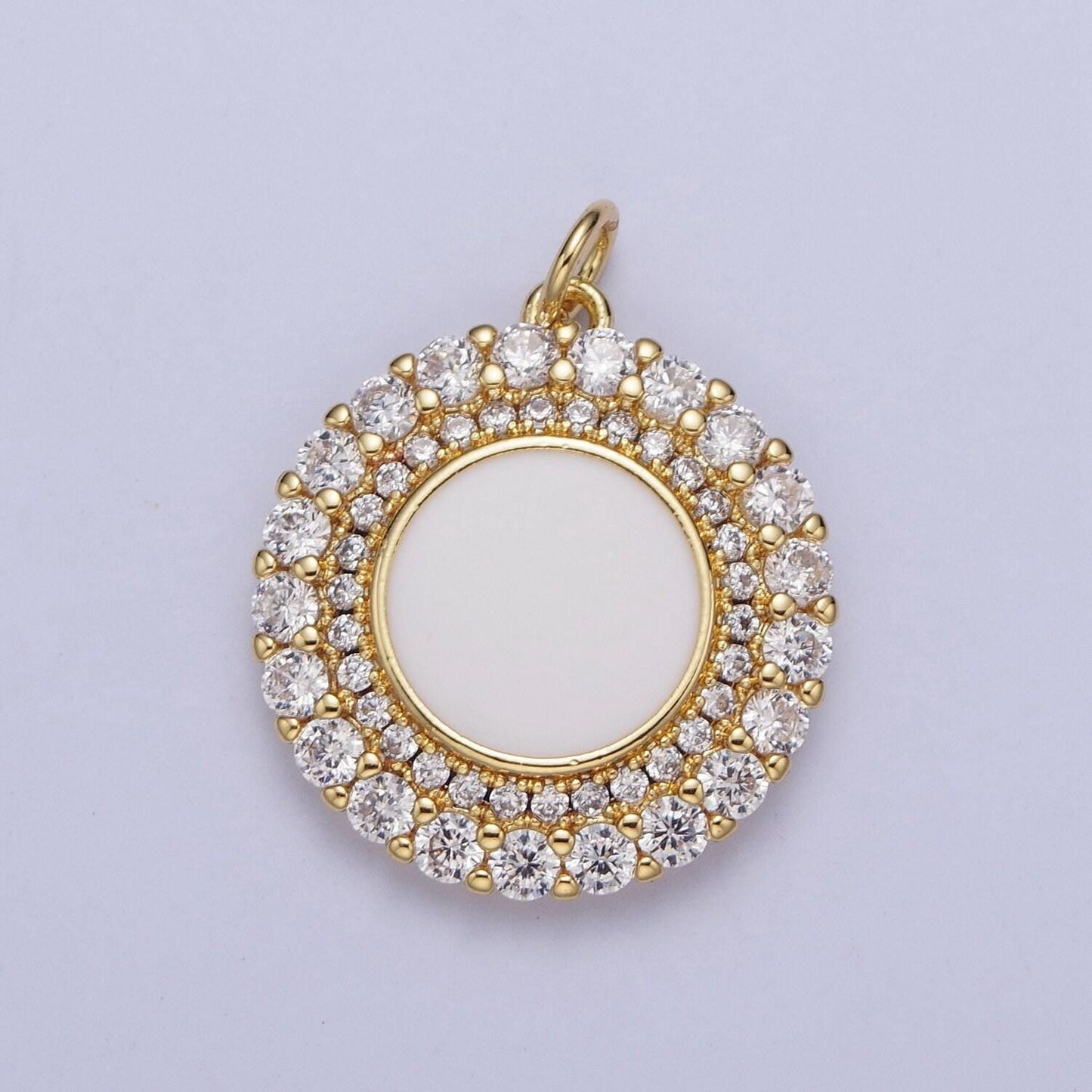 24k gold filled dainty micro pave round circular charm, micro cz pave pendants, pearl white circle center cz beaded edge charm | m-495