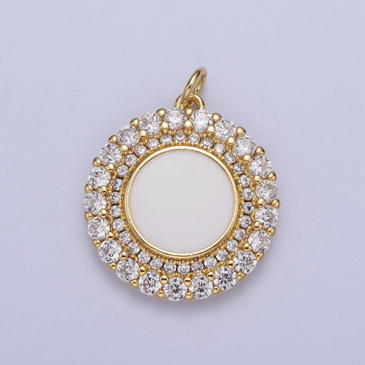 24k gold filled dainty micro pave round circular charm, micro cz pave pendants, pearl white circle center cz beaded edge charm | m-495
