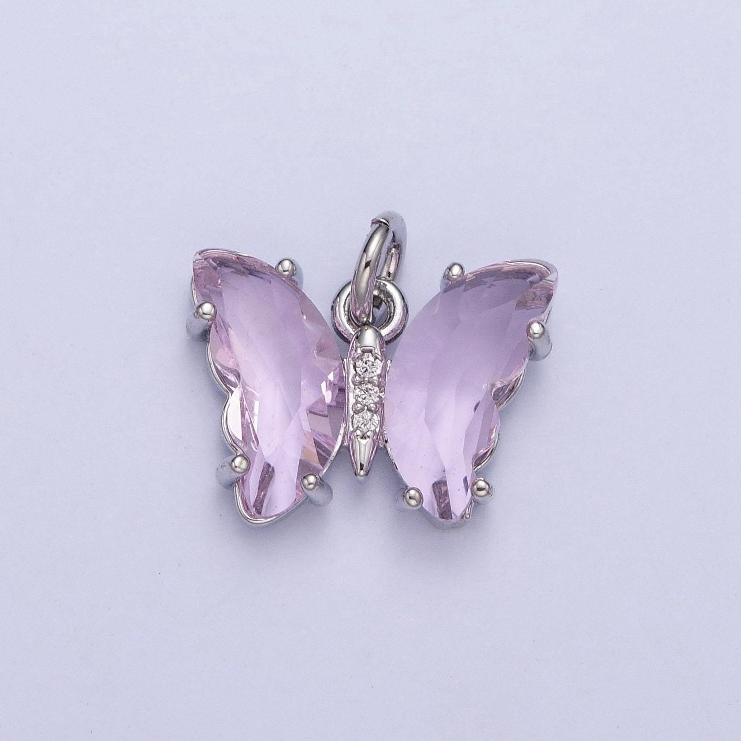 Dainty white gold filled butterfly pendant, silver micro pave cz crystals mariposa charm, mauve green lavender blue pendant | m-491~m-494