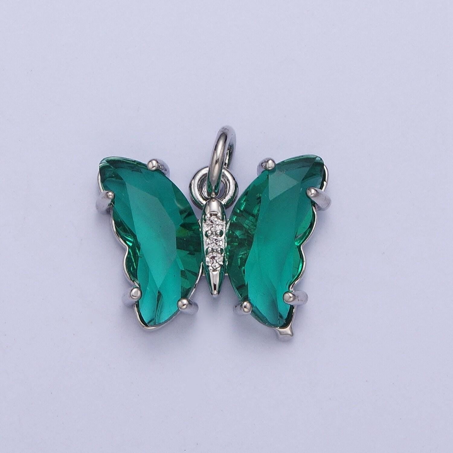 Dainty white gold filled butterfly pendant, silver micro pave cz crystals mariposa charm, mauve green lavender blue pendant | m-491~m-494