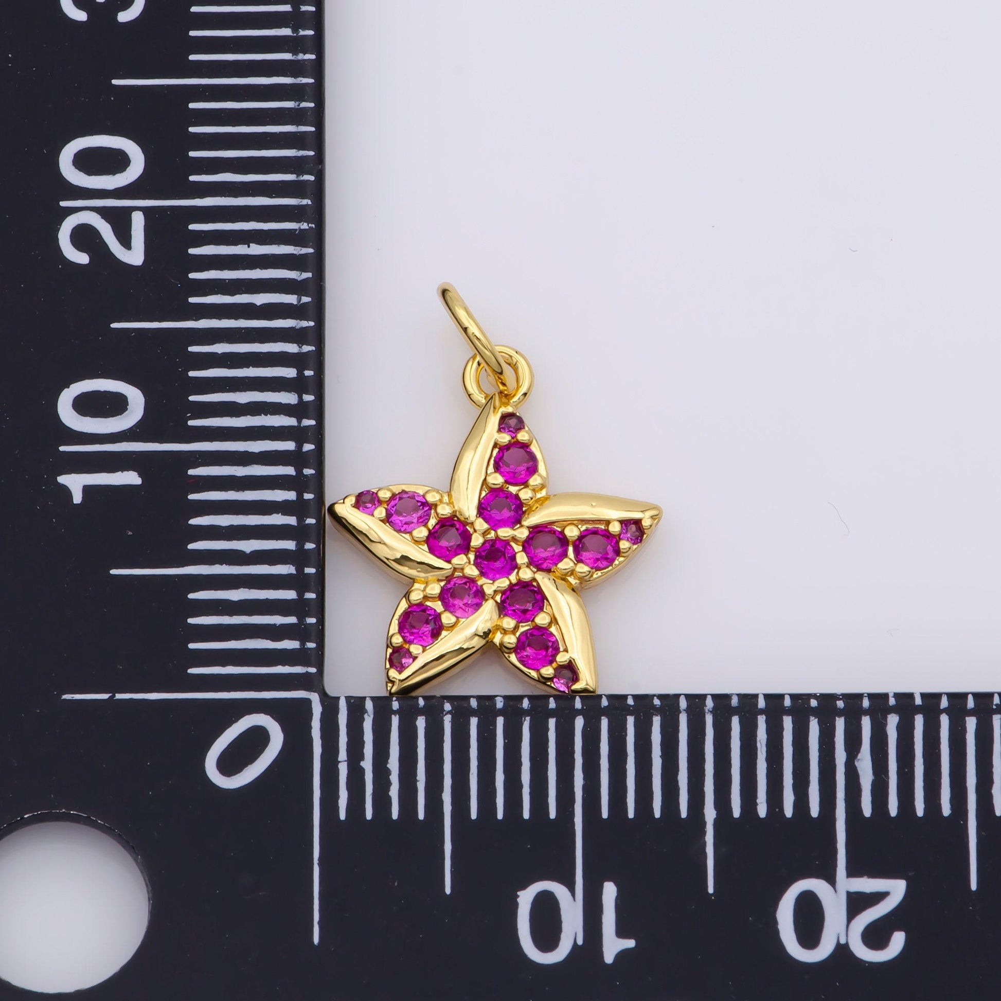 26k gold filled pink flower pendant hot pink star micro paved cz charm | m483